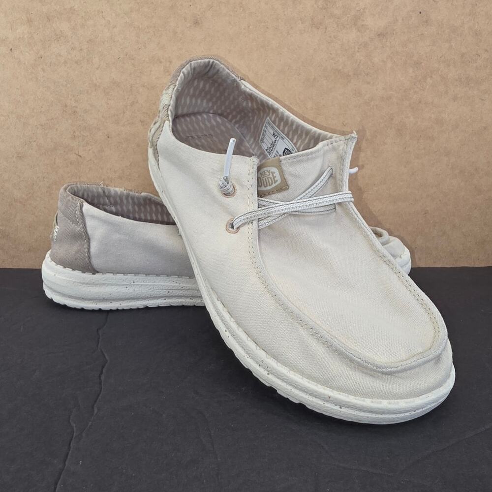 HEYDUDE Women's Wendy Break Brushed Linen Slip-On in Tan colorway Size 7